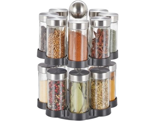 relaxdays Gewürzkarussell 16er Schwarz/Silber/Transp., mit 16 Gläser
