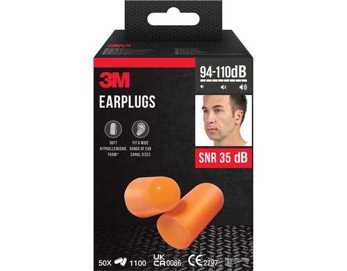 3M Gehörschutzstöpsel 1100, 50 Stück Weichschaum, SNR-Wert 35 dB, Orange