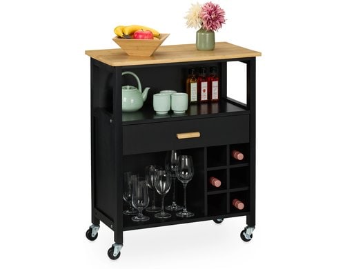 relaxdays Küchenwagen mit Weinregal MDF, Bambus, 80x65x35 cm, Schwarz