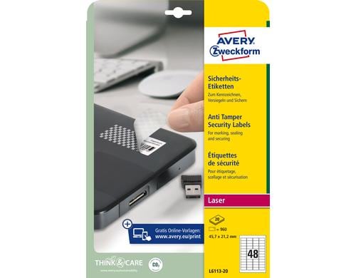 Avery Sicherheits-Etiketten L6113-20 manipulationssicher, 20 Bogen/960 Etiketten