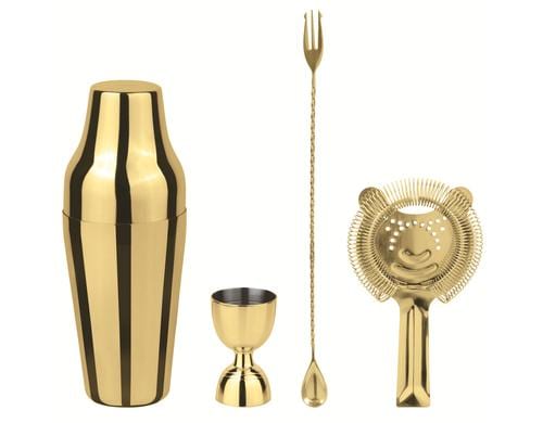 Paderno Bar Set Parisian 4tlg. gold Shaker, Doppelmass, Cocktaillöffel, Sieb