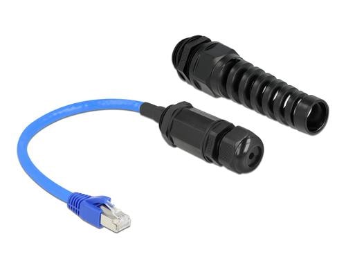 Delock Patchkabel: S/FTP, Cat.6, 25cm, blau IP68, wasserdicht, Verlängerung,Knickschutz