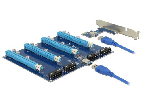 Delock PCI-Express Riserkarte, x1 zu 4x x16 flexible Montage, 60cm, für Cryptomining