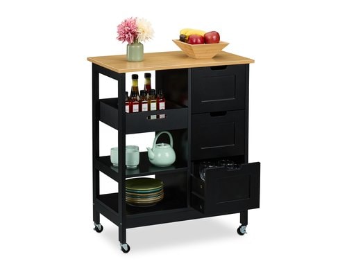 relaxdays Küchenwagen mit Arbeitsplatte MDF, Walnuss, 85x68,5x38,5cm, Schwarz