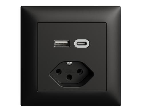 Feller EDIZIOdue Steckdose 1xUSB A,1xUSB C schwarz, 3A, 1xT13, UP