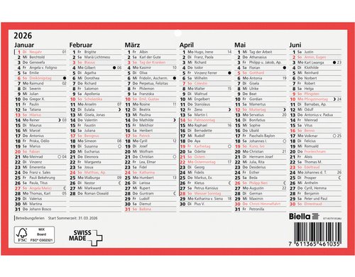 Biella Wandkalender 2026 A5 6 Monate pro Seite
