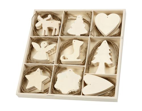 Creativ Company Weihnachtsanhänger aus Holz 72 Stück, 9 Designs, 7 - 8 cm
