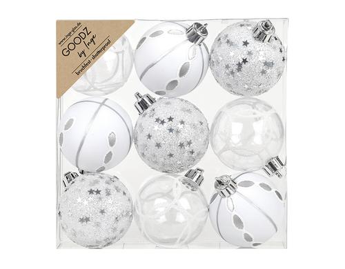 Inge Weihanchtskugel, Silber-Mix, 9 Stk. Kunststoff, D: 6 cm