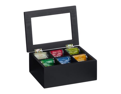 relaxdays Teebeutel-Box Bambus, 6 Fächer, Schwarz