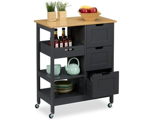 relaxdays Küchenwagen mit Arbeitsplatte MDF, Walnuss, 85x68,5x38,5cm, Anthr.