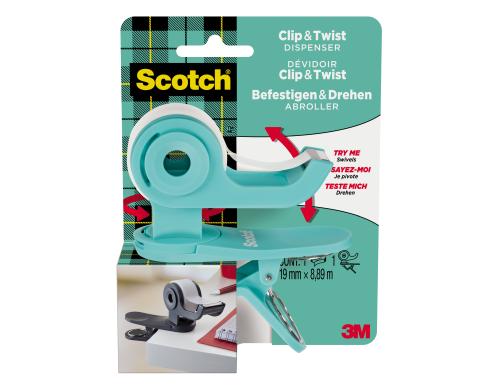 3M Scotch Abroller Clip & Twist türkis inkl. 1 Rollen Klebeband Magic 19mm x 8.9 m