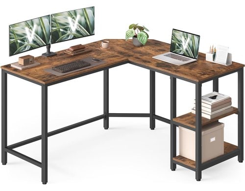 Vasagle Bürotisch braun-schwarz Ecktisch 130x120cm, 2 Regalfächer