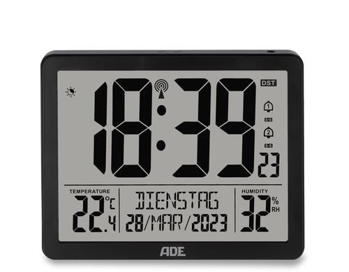 ADE Wanduhr mit XL-Anzeige, Schwarz Temp.,Kalender,Kunststoff, 17.3x14x2.7cm