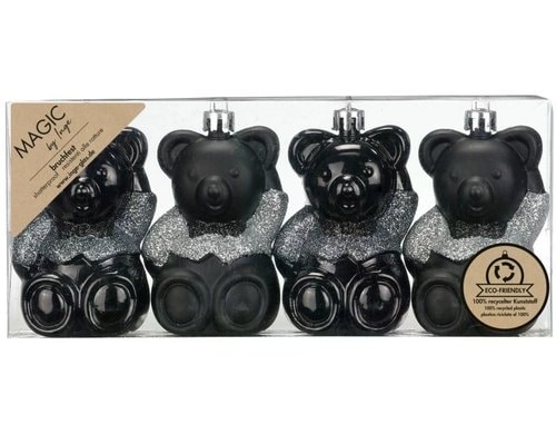 Inge Weihnachtskugel Chellac Black Teddybär 4 Stück, Kunststoff, 8 cm