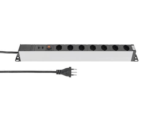 Steckdosenleiste ALUMODULAR 7xT13, silber 3m Kabel, 2xUSB A 5V 2.5A, Resetknopf