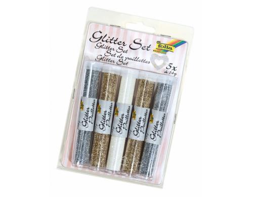 Folia Glitterset Pulver gold/silber/weiss Set mit 5 Tuben à 14g
