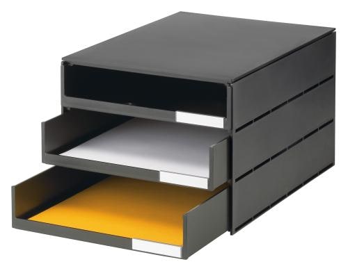 Styroval pro Box mit 3 Schubladen offen Gehäuse oeko schwarz, Schubladen schwarz