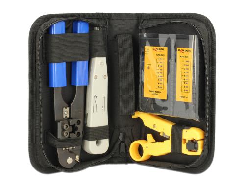 Delock Netzwerk Prüf&Montagekit RJ45/RJ12 Tester, Crimzange, Abisolier,LSA