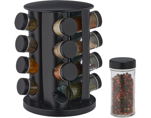 relaxdays Gewürzkarussell 16er Edelstahl, mit 16 Gläser, Schwarz
