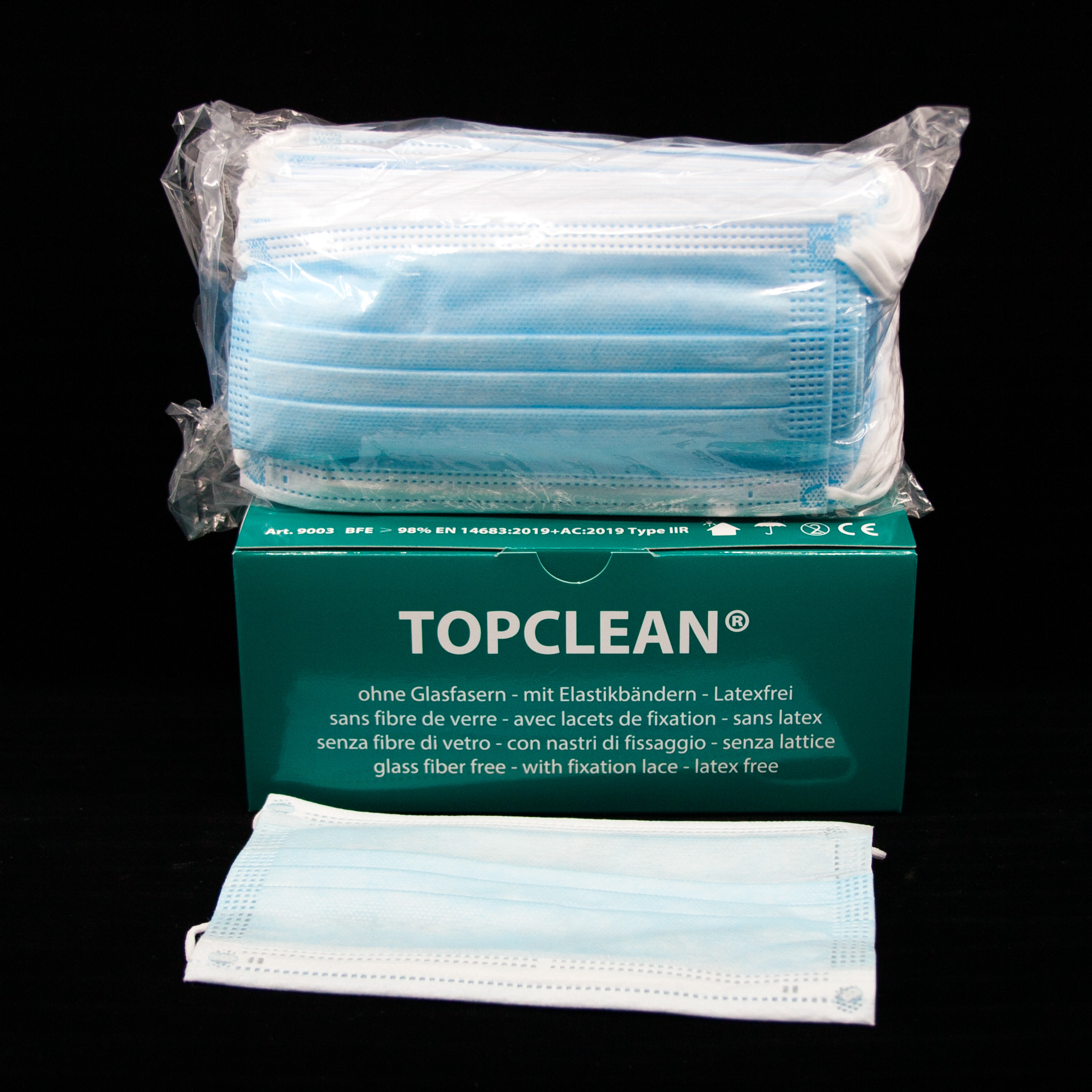 TOPCLEAN Chirurgenmasken Type IIR  50 Stk.   Art. 9003 EN14683    blau ohne Glasfasern