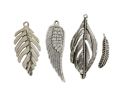 Creativ Company Anhänger Feder 29-55 mm Lochgrösse 12-20 mm, Antiksilber, 4 sort.