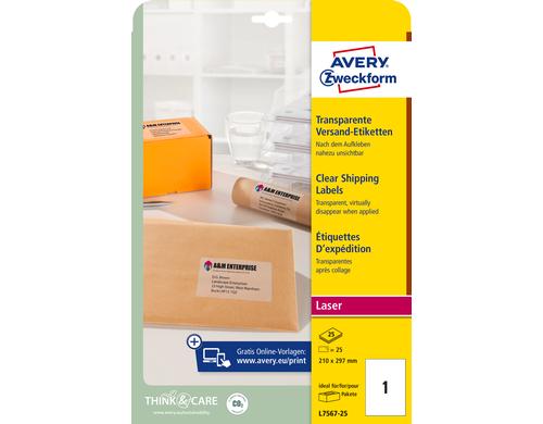 Avery Adress Etiketten transparent L7567 210 x 297 mm, 25 Bogen pro Packung