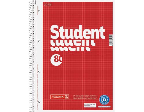 Brunnen Collegeblock Recycling 70g/qm, A4+, 80 Seiten, kariert, rot