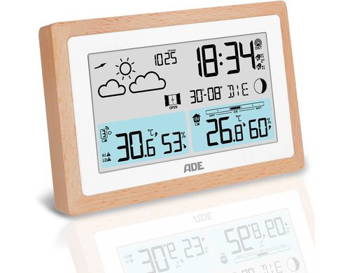 ADE Wetterstation mit Funk-Aussensensor Holz/weiss, mit DCF-Funkuhr inkl. Netzteil