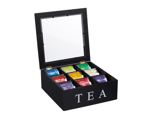 relaxdays Teebeutel-Box Bambus, 9 Fächer, Schwarz