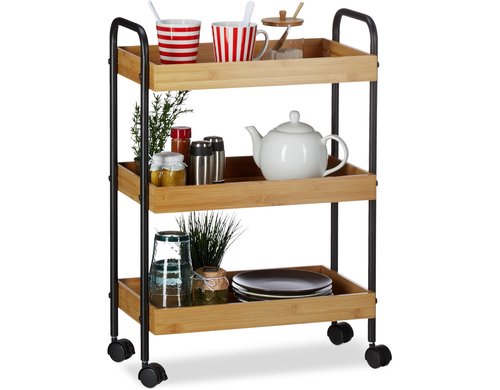 relaxdays Servierwagen mit 3 Ablagen Bambus, 70 x 50 x 28 cm