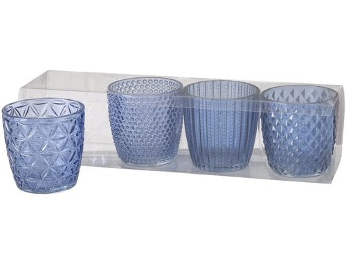 Boltze Windlicht Marilu Blau, 4 tlg. H 7.5 cm, Glas lackiert