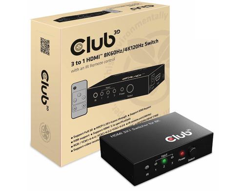 Club 3D 3 Port HDMI Umschalter Videoauflösungen bis zu 8K60Hz oder 4K120Hz