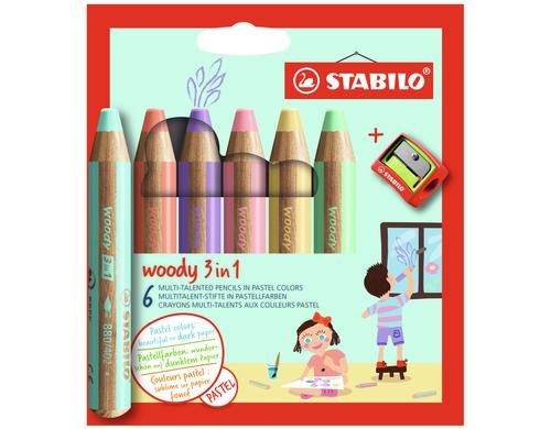 STABILO Woody 3in1 Pastell 6er Etui 18er Etui, inkl. Spitzer/Pinsel