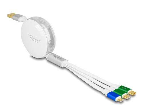 Delock USB 3 in 1 Aufrollladekabel Typ-A Mikro USB/ 2x USB-C,Ladefunktion, weiss