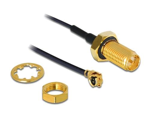 Delock RP-SMA Buchse zum Einbau zu MHF Stecker, 20cm, spritzwassergeschützt