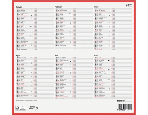 Biella Wandkalender 2026 32 x 29.7 cm Deutsch,  Jahr pro Seite