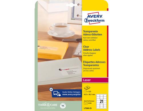 Avery Adress Etiketten transparent L7560 63,5 x 38,1 mm, 25 Bogen pro Packung