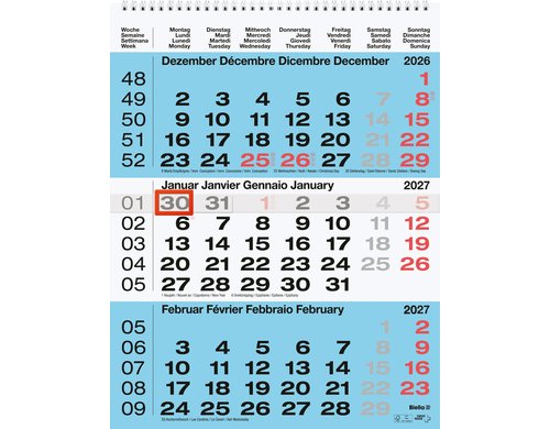 Biella Wandkalender 2027 3-Monatskalender 31 x 40 cm, 3 Monate pro Seite, blau