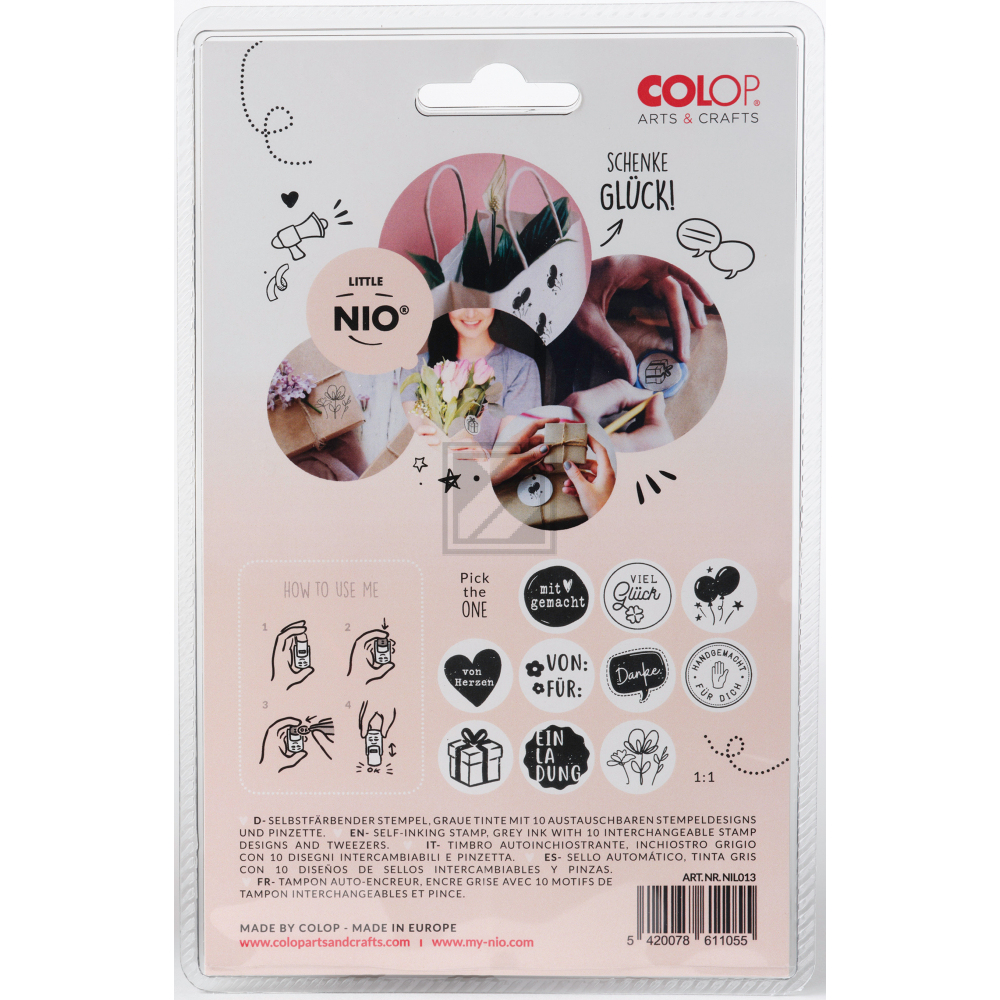 COLOP Little NIO® deutsche Textstempel 10 versch. Stempelplatte + Stempelkissen