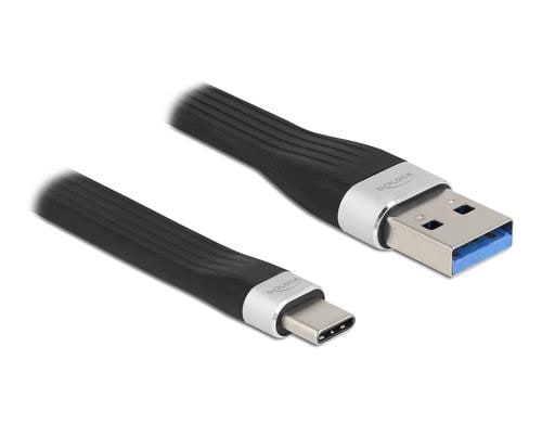 Delock USB3.2 Gen1 Flachbandkabel, A-C 10Gbps, 13.5cm, Farbe: Silber/Schwarz