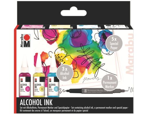 Marabu Alcohol Ink Set FLOWERS 3 Alkoholtinten, 5 Blätter A6, Permanentmar