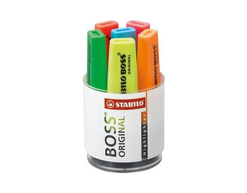 Stabilo Boss Original Textmarker, 6 Stk Rundbox transparent