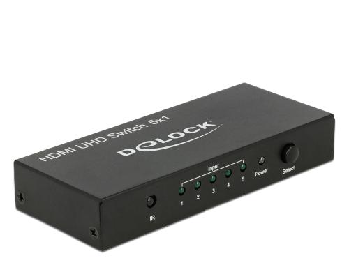 Delock 5 Port HDMI Switch, aktiv verstärkt Manuel+Fernbedienung, 3840x2160@60Hz