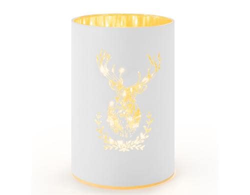 STT Windlicht Hirsch weiss S 10LED, ww, D9 x H14cm, Timer 6/18