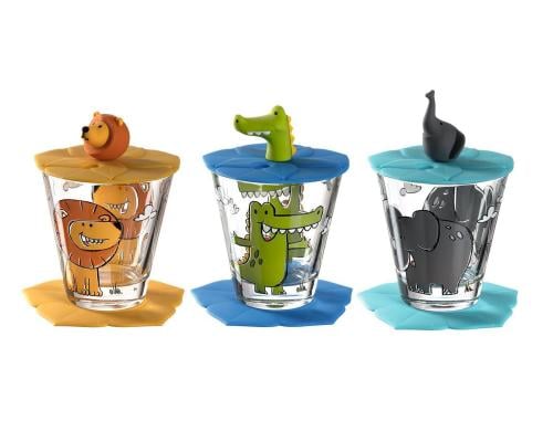 Leonardo Glas Bambini 3er Set blau/gelb 9-teilig, D: 6cm, Glas/Silikon