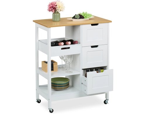 relaxdays Küchenwagen mit Arbeitsplatte MDF, Walnuss, 85x68,5x38,5cm, Weiss