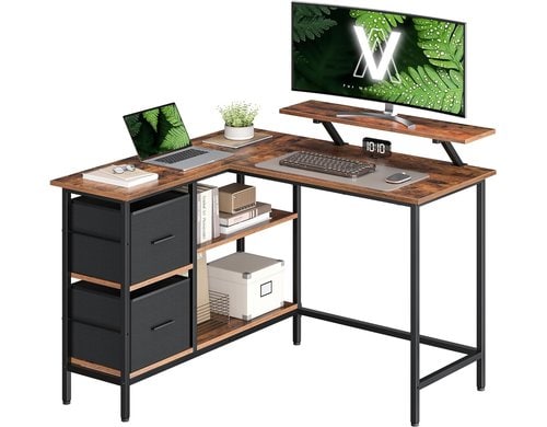 Vasagle Bürotisch braun-schwarz Ecktisch 115x105cm, 2 Schubladen, Aufsatz