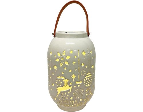 Dameco LED Laterne Keramik 18x28cm weiss 4 LED ww, inkl. Timer 6/18h, exkl. 2xAA