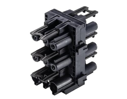 Bachmann GST18i3 Verteilerblock. 1x E, 5x A schwarz, mit Befestigungsmöglichkeit