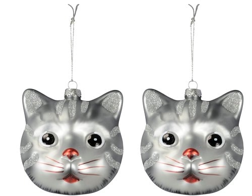 COCON Xmas Hänger Katze, Box à 2 Stk. grau, Glas, 8x9x10cm + Hänger 7cm